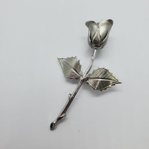 Vintage long stem rose silver tone brooch
